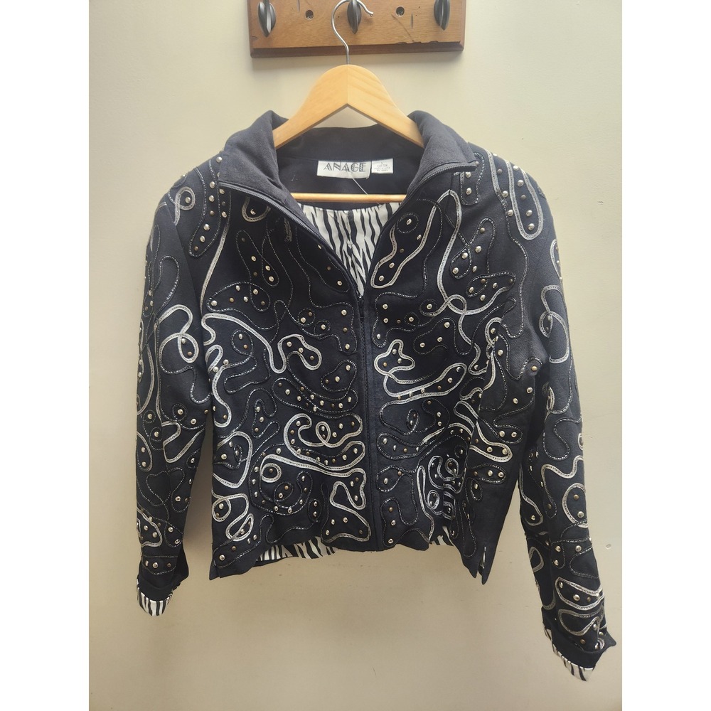 Anage Womens Black Cotton Soutache Studded Zip Up Jacket Zebra Print Lining L
